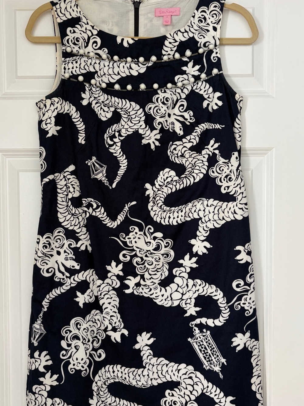 Lilly Pulitzer Navy and White Beaded Dragon-Print Shift Dress